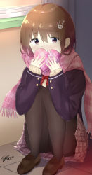 Rule 34 | 1girl, 7 calpis 7, black jacket, black pantyhose, blazer, blush, box, brown cardigan, brown eyes, brown footwear, brown hair, brown skirt, cardigan, commentary request, covered mouth, fringe trim, gift, gift box, hair between eyes, hair ornament, heart-shaped box, highres, holding, holding gift, indoors, jacket, knees up, loafers, long sleeves, looking at viewer, on floor, open clothes, open jacket, original, pantyhose, pink scarf, plaid, plaid scarf, plaid skirt, pleated skirt, rabbit hair ornament, scarf, school uniform, shoes, signature, sitting, skirt, sleeves past wrists, solo, thighband pantyhose, tile floor, tiles, valentine, window