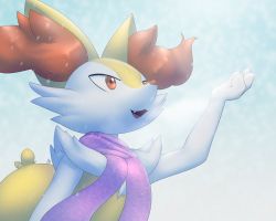 Rule 34 | 1girl, :3, aeonspassed, animal ear fluff, animal ears, animal nose, arm up, artist name, blue background, body fur, braixen, breath, clothed pokemon, creatures (company), day, fang, female focus, flat chest, fox ears, fox girl, fox tail, furry, furry female, game freak, gen 6 pokemon, happy, looking up, nintendo, open mouth, outdoors, pink scarf, pokemon, pokemon (creature), red eyes, scarf, signature, smile, snout, snowing, solo, standing, tail, two-tone fur, upper body, white fur, winter, yellow fur