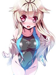 Rule 34 | 10s, 1girl, artist name, black ribbon, blonde hair, clenched hand, collarbone, competition swimsuit, dated, eyebrows, from above, hair flaps, hair ornament, hair ribbon, hairclip, highleg, highleg swimsuit, hip focus, kantai collection, long hair, looking at viewer, looking up, miuku (marine sapphire), one-piece swimsuit, open mouth, pink eyes, ribbon, shiny clothes, shiny skin, simple background, skin tight, solo, standing, straight hair, swimsuit, undressing, white background, yuudachi (kancolle), yuudachi kai ni (kancolle)