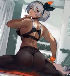 Rule 34 | 1girl, absurdres, ass, bare arms, bare shoulders, bea (pokemon), black hairband, black pants, black sports bra, breasts, commentary, creatures (company), dark skin, english commentary, from behind, game freak, grey eyes, grey hair, gym, hair ornament, hairband, hand on own thigh, highres, indoors, large breasts, looking at viewer, looking back, loooyd, nintendo, panties under yoga pants, pants, parted lips, pokemon, pokemon swsh, see-through, short hair, solo, split, sports bra, thighs, thong, underwear, weights, yoga pants