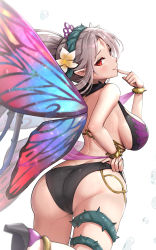 Rule 34 | 1girl, absurdres, adjusting clothes, adjusting swimsuit, ass, bikini, black bikini, blush, bracelet, breasts, butterfly wings, commentary request, facial mark, fairy, fairy wings, fingernails, fire emblem, fire emblem heroes, flower, forehead mark, from behind, gonzarez, grey hair, hair flower, hair ornament, highres, huge ass, insect wings, jewelry, large breasts, leg up, lips, long hair, looking back, nintendo, official alternate costume, parted bangs, plant, plumeria (fire emblem), pointy ears, red eyes, seductive smile, sideboob, simple background, smile, solo, sweat, sweatdrop, swimsuit, thigh strap, thighs, thorns, vines, white background, wings
