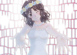 Rule 34 | 1girl, abstract background, amagami, bare shoulders, black eyes, black hair, bloom, blush, bridal veil, bride, collarbone, dress, elbow gloves, facing viewer, gloves, h.i.t (59-18-45), head tilt, head wreath, jewelry, long hair, looking at viewer, messy hair, necklace, one eye closed, outstretched arms, pearl necklace, smile, solo, strapless, strapless dress, sunlight, tanamachi kaoru, veil, wedding dress, white gloves