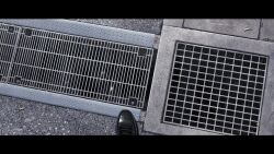 Rule 34 | 1other, black footwear, cigarette butt, close-up, commentary request, concrete, drain (object), fracoco, grill, highres, letterboxed, muted color, original, outdoors, scenery, signature
