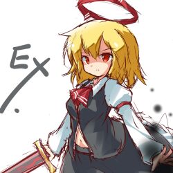 Rule 34 | 1girl, black skirt, black vest, blonde hair, breasts, collared shirt, cowboy shot, ex-rumia, hair ribbon, halo, holding, holding sword, holding weapon, light frown, long sleeves, medium breasts, medium hair, navel, necktie, red eyes, red necktie, red ribbon, ribbon, rumia, ryogo, serious, shirt, simple background, sketch, skirt, skirt set, solo, sword, touhou, v-shaped eyebrows, vest, weapon, white background, white shirt
