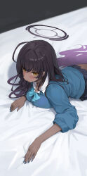 Rule 34 | 1-5iro, 1girl, absurdres, ahoge, bed sheet, black hair, black skirt, blue archive, blue bow, blue bowtie, blue cardigan, blue nails, blush, bow, bowtie, breasts, buttons, cardigan, closed mouth, collared shirt, dark-skinned female, dark skin, fingernails, halo, highres, karin (blue archive), large breasts, long hair, long sleeves, lying, nail polish, on stomach, pleated skirt, purple halo, school uniform, shirt, skirt, solo, white shirt, yellow eyes
