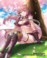 Rule 34 | 1girl, blue sky, boots, bow, box (hotpppink), breasts, cape, cherry blossoms, cleavage, company name, day, elbow gloves, fingerless gloves, gloves, grass, highres, hortensia saga, looking at viewer, medium breasts, navel, o-ring, official art, outdoors, pink hair, ponytail, purple bow, sitting, sky, thigh strap, thighhighs, tree
