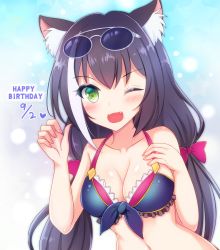 Rule 34 | 1girl, :d, animal ear fluff, animal ears, bare shoulders, bikini, bikini top only, black hair, blush, bow, breast rest, breasts, cat ears, cat girl, cat tail, cleavage, collarbone, eyewear on head, fang, green eyes, hair bow, happy birthday, heart, karyl (princess connect!), karyl (summer) (princess connect!), large breasts, long hair, looking at viewer, multicolored hair, nail polish, navel, one eye closed, open mouth, princess connect!, smile, solo, stomach, streaked hair, swimsuit, tail, terimuku, white hair