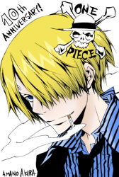 Rule 34 | 1boy, amano akira, black necktie, blonde hair, blue shirt, cigarette, collared shirt, colorized, formal, hair over one eye, jolly roger, loose clothes, loose shirt, male focus, monochrome, necktie, one piece, pinstripe pattern, pinstripe shirt, sanji (one piece), shirt, smoking, solo, straw hats jolly roger, striped, suit, third-party edit