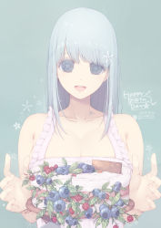 Rule 34 | 1girl, :d, bad id, bad pixiv id, bare arms, bare shoulders, blood, blue hair, blueberry, breasts, cake, cleavage, collarbone, commentary request, dated, dress, fingernails, flower, flower-shaped pupils, food, fruit, green background, grey eyes, hair between eyes, hair flower, hair ornament, happy birthday, highres, long hair, medium breasts, morita (moritania), open mouth, original, raspberry, sleeveless, sleeveless dress, smile, solo, symbol-shaped pupils, upper body, white dress, white flower