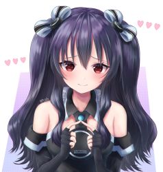 Rule 34 | bare shoulders, black hair, collar, dress, gloves, hair ornament, hairclip, highres, long hair, neptune (series), ponomi4917, red eyes, smile, tsundere, twintails, two side up, uni (neptunia), upper body