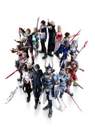Rule 34 | 3d, 4girls, 6+boys, absurdres, alternate costume, animal ears, armor, ascot, asymmetrical clothes, bandana, bare shoulders, bartz klauser, beads, black jacket, blonde hair, blue eyes, boots, brown hair, cat ears, circle formation, cloud strife, cropped jacket, dagger, dark skin, dissidia final fantasy, dissidia final fantasy nt, everyone, fake horns, final fantasy, final fantasy i, final fantasy ii, final fantasy iii, final fantasy iv, final fantasy ix, final fantasy v, final fantasy vi, final fantasy vii, final fantasy vii advent children, final fantasy viii, final fantasy x, final fantasy xi, final fantasy xii, final fantasy xiii, final fantasy xiv, final fantasy xv, firion, fur collar, fur trim, gloves, greaves, grey eyes, hair ornament, headband, helmet, highres, horned helmet, horns, huge weapon, jacket, jewelry, knife, lightning farron, lightning returns: final fantasy xiii, looking at viewer, miqo&#039;te, multiple boys, multiple girls, necklace, noctis lucis caelum, official art, onion knight, over shoulder, pink hair, pointing, pointy ears, popped collar, sash, scabbard, serious, shantotto, sheath, shield, shorts, shoulder spikes, silver hair, simple background, sleeveless, slit pupils, spiked hair, spikes, squall leonhart, square enix, staff, sword, tail, tarutaru, thighhighs, tidus, tina branford, twin blades, vaan (ff12), vest, warrior of light (ff1), weapon, weapon on back, weapon over shoulder, white background, y&#039;shtola rhul, zidane tribal