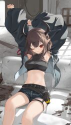 Rule 34 | 1girl, absurdres, armpits, arms behind head, arms up, belt, belt pouch, black jacket, black shirt, blue shorts, breasts, brown hair, closed mouth, commission, crop top, hair ornament, hairclip, highres, horns, jacket, khremz&#039;s character, long hair, long sleeves, looking at viewer, medium breasts, midriff, navel, one eye closed, original, pointy ears, pouch, puffy long sleeves, puffy sleeves, red eyes, revision, shirt, short shorts, shorts, sidelocks, sitting, skeb commission, sleeveless, sleeveless shirt, smile, solo, stomach, takealook, thigh strap, thighs