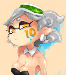 Rule 34 | 1girl, bare arms, black dress, bow-shaped hair, breasts, cleavage, collarbone, detached collar, dress, earrings, food, food on head, grey hair, hoop earrings, inkling, jewelry, large breasts, marie (splatoon), mole, mole under eye, nintendo, object on head, pointy ears, short ponytail, solo, splatoon (series), squid girl, strapless, strapless dress, swept bangs, tentacle hair, thick eyebrows, yellow eyes, yuta agc
