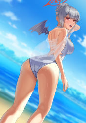 Rule 34 | 1girl, :d, ass, atatatamu, bare shoulders, black wings, blue archive, blunt bangs, breasts, casual one-piece swimsuit, dutch angle, feet out of frame, from behind, grey hair, hair bun, halo, haruna (blue archive), haruna (swimsuit) (blue archive), highres, large breasts, looking at viewer, looking back, ocean, one-piece swimsuit, one wing, open mouth, red eyes, see-through, short hair, single hair bun, single wing, smile, solo, standing, swimsuit, thighs, water, white one-piece swimsuit, wings