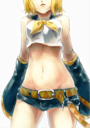 Rule 34 | 1girl, bare shoulders, belt, blonde hair, crop top, crop top overhang, detached sleeves, head out of frame, hip focus, kagamine rin, midriff, nathaniel pennel, navel, pennel, school uniform, serafuku, short shorts, shorts, simple background, solo, vocaloid, white background