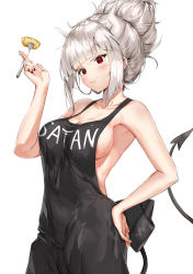 Rule 34 | 1girl, absurdres, apron, bare arms, bare shoulders, black apron, black nails, blush, breasts, collarbone, commentary, demon girl, demon horns, demon tail, food, fork, grey hair, helltaker, highres, holding, holding fork, horns, large breasts, long hair, lucifer (helltaker), mole, mole under eye, nail polish, naked apron, pancake, pixel (yuxian), red eyes, simple background, smile, solo, tail, white background, white horns