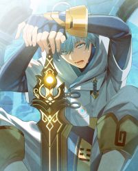 Rule 34 | 1boy, ahoge, blue eyes, blue gloves, blue hair, chinese clothes, chongyun (genshin impact), dhfz181, fingerless gloves, fingernails, genshin impact, gloves, glowing, glowing sword, glowing weapon, hand on weapon, highres, holding, holding sword, holding weapon, hood, hood down, light blue hair, lower teeth only, male focus, open mouth, outdoors, ruins, sitting, solo, sweat, sword, teeth, tongue, weapon