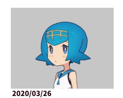 Rule 34 | 1girl, bare arms, blue eyes, blue hair, blue sailor collar, border, bright pupils, closed mouth, commentary request, creatures (company), dated, freckles, game freak, grey background, hairband, lana (pokemon), nintendo, no sclera, pokemon, pokemon sm, sailor collar, shirt, short hair, sleeveless, sleeveless shirt, solo, squid neetommy, swimsuit, swimsuit under clothes, trial captain, upper body, white border, white pupils, white shirt, yellow hairband