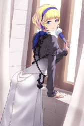 Rule 34 | 1girl, ass, back, blonde hair, blue eyes, blue hair, blue hairband, breasts, cait aron, constance von nuvelle, dress, earrings, fire emblem, fire emblem: three houses, grey dress, hairband, jewelry, juliet sleeves, large breasts, long sleeves, looking at viewer, looking back, multicolored hair, nintendo, parted lips, puffy sleeves, short hair, sidelocks, skirt, solo, white skirt, window