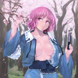 Rule 34 | 1girl, arm garter, bad id, bad twitter id, black ribbon, blue bow, blue kimono, blue sash, bow, branch, breasts, cherry blossoms, collarbone, commentary request, cowboy shot, folding fan, frilled shirt collar, frills, hand fan, hand up, highres, holding, holding fan, ichiba youichi, japanese clothes, kimono, large breasts, lips, long sleeves, looking up, no headwear, open clothes, open kimono, outdoors, petals, pink eyes, pink hair, ribbon, ribbon-trimmed collar, ribbon trim, saigyouji yuyuko, sash, shiny skin, short hair, solo, standing, touhou, tree, wide sleeves