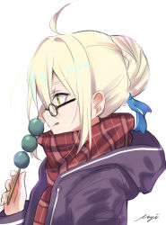 Rule 34 | 1girl, ahoge, artoria pendragon (fate), black-framed eyewear, black sweater, blonde hair, blue ribbon, dango, fate/grand order, fate (series), food, from side, glasses, hair between eyes, hair ribbon, highres, holding, holding food, hood, hooded sweater, meimuu, mysterious heroine x alter (fate), mysterious heroine x alter (first ascension) (fate), red scarf, ribbon, scarf, short hair, signature, simple background, solo, sweater, upper body, wagashi, white background, yellow eyes