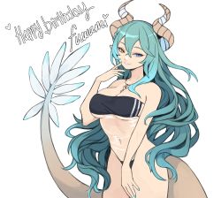 Rule 34 | 1girl, absurdres, alternate costume, bikini, black one-piece swimsuit, blue eyes, blue hair, braid, breasts, dragon girl, dragon horns, dragon tail, english text, fingernails, from side, gris swimsuit, hair between eyes, half-closed eyes, hand on own thigh, happy birthday, heterochromia, highres, horns, indie virtual youtuber, jewelry, large breasts, long fingernails, long hair, meme attire, mole, mole under eye, monchizu, necklace, one-piece swimsuit, pale skin, parted bangs, pointy ears, see-through one-piece swimsuit, simple background, solo, strapless, strapless one-piece swimsuit, swimsuit, tail, tatsuta fuwami, thighs, very long hair, virtual youtuber, wavy hair, white background, yellow eyes