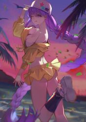 Rule 34 | 1girl, absurdres, ass, asymmetrical hair, bandeau, bare shoulders, baseball cap, bb (fate), bb (fate) (all), bb (swimsuit mooncancer) (fate), bb (swimsuit mooncancer) (first ascension) (fate), blush, braid, breasts, cleavage, collarbone, cropped jacket, fate/grand order, fate (series), hat, hat ornament, highres, jacket, jiajiayu, large breasts, long hair, long sleeves, looking at viewer, midriff, miniskirt, one eye closed, purple eyes, purple hair, shoes, single braid, skirt, sneakers, solo, star (symbol), star hat ornament, thighs, tongue, tongue out, very long hair, white hat, yellow jacket, yellow skirt