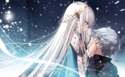Rule 34 | 1boy, 1girl, anastasia (fate), blue eyes, cape, doll, earrings, fate/grand order, fate (series), grey hair, hand on another&#039;s face, headband, jewelry, kadoc zemlupus, long hair, necomi, signature, snow, very long hair, white hair, wind, yellow eyes