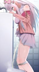 Rule 34 | 1girl, atelier (series), atelier lulua, blue eyes, blush, clothes lift, elmerulia fryxell, female focus, female pubic hair, hair ornament, heart, heart hair ornament, highres, long hair, michinoku (michino934), panties, panty pull, pee stain, peeing, pubic hair, silver hair, skirt, skirt lift, solo, standing, tears, toilet use, underwear, urinal, urinal use, wet, wet clothes, wet panties