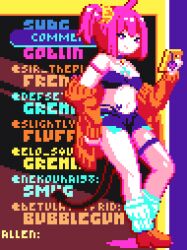 Rule 34 | 1girl, ahoge, animated, animated gif, cellphone charm, charm (object), heart, holding, holding phone, looking at viewer, loose socks, lynte, midriff, navel, off shoulder, original, phone, pink eyes, pink hair, pixel art, short hair, shorts, side ponytail, socks, solo