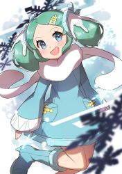 Rule 34 | 1girl, absurdres, blue coat, blue eyes, blue footwear, blush, boots, coat, commentary request, creatures (company), eyelashes, fingernails, floating scarf, game freak, gen 3 pokemon, green hair, hair ornament, head tilt, highres, legendary pokemon, long sleeves, looking at viewer, nintendo, open mouth, personification, pokemon, pokemon (creature), regice, scarf, sleeves past wrists, smile, snowflakes, solo, taisa (lovemokunae), white scarf
