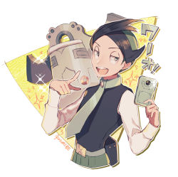 Rule 34 | 1boy, artist name, black hair, black vest, bronzong, commentary request, creatures (company), fanny pack, game freak, gen 4 pokemon, green eyes, green pants, half-closed eyes, hands up, holding, kusuribe, long sleeves, looking to the side, nintendo, open mouth, pants, pointing, pokemon, pokemon (creature), pokemon dppt, pokemon platinum, shirt, smile, sparkle, teeth, thorton (pokemon), tongue, vest, white shirt