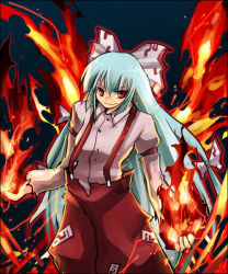 Rule 34 | 1girl, baggy pants, blue hair, bow, buttons, closed mouth, collared shirt, commentary request, emon-yu, feet out of frame, fire, fujiwara no mokou, hair between eyes, hair bow, light blue hair, long hair, long sleeves, looking at viewer, ofuda, ofuda on clothes, pants, pink shirt, red eyes, red pants, shirt, sleeve garter, smile, solo, suspenders, touhou, very long hair, white bow