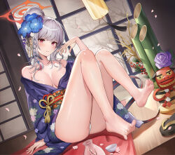 Rule 34 | 1girl, arm support, ass, bamboo, bare legs, bare shoulders, barefoot, blue archive, blush, bottle, braided sidelock, breasts, collarbone, commentary, dutch angle, feet, floral print, flower, hair flower, hair ornament, hand up, haruna (blue archive), haruna (new year) (blue archive), head tilt, highres, iino (isnyong), indoors, japanese clothes, kimono, knees together feet apart, knees up, lantern, large breasts, legs, long legs, looking at viewer, medium hair, obi, obijime, off shoulder, official alternate costume, panties, paper lantern, parted lips, pink eyes, print kimono, purple kimono, sake bottle, sandals, sash, sidelocks, sitting, soles, solo, spread toes, swept bangs, thighs, toenails, toes, underwear, unworn sandals, white panties, wide sleeves, zouri