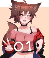 Rule 34 | 1girl, 2019, absurdres, ahoge, animal ears, blush, bra strap, breasts, brown eyes, brown hair, cat ears, cat tail, choker, heart, heart-shaped pupils, highres, looking at viewer, medium breasts, navel, off-shoulder shirt, off shoulder, ok sign, open mouth, original, rayrie, shirt, short hair, smile, solo, symbol-shaped pupils, tail, teeth, upper body, upper teeth only, v