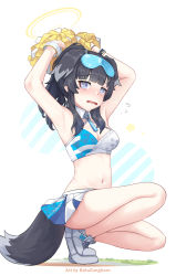 Rule 34 | 1girl, absurdres, armpits, arms up, bare shoulders, batazungharn, black hair, blue archive, blue eyes, blue ribbon, blush, breasts, cheerleader, eyewear on head, flying sweatdrops, goggles, goggles on head, hibiki (blue archive), hibiki (cheer squad) (blue archive), highres, long hair, looking at viewer, medium breasts, medium hair, millennium cheerleader outfit (blue archive), miniskirt, multicolored hair, navel, open mouth, pom pom (cheerleading), ribbon, shoes, skirt, sneakers, squatting, thighs, white skirt
