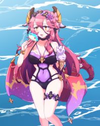 Rule 34 | 1girl, breasts, covered navel, dragalia lost, dragon tail, fang, flower, food, hair between eyes, hair flower, hair ornament, highres, ice cream, ice cream cone, long hair, looking at viewer, mym (dragalia lost), official alternate costume, open mouth, popsicle, red eyes, red hair, skin fang, solo, swimsuit, tail, vee (mijudraws)