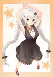 Rule 34 | 1girl, :d, ahoge, armpits, arms up, black dress, black footwear, blue eyes, blush, border, braid, breasts, dress, from above, full body, grin, hair ornament, highres, kanpa (campagne 9), kizuna akari, long hair, looking at viewer, looking up, medium breasts, open mouth, orange border, orange socks, own hands together, shoes, silver hair, sleeveless, sleeveless dress, smile, socks, solo, standing, star (symbol), striped background, striped clothes, striped socks, teeth, twin braids, vertical-striped clothes, vertical-striped socks, very long hair, voiceroid