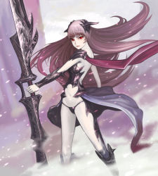 Rule 34 | 1girl, armor, cape, consent (oituku), highres, horns, huge weapon, long hair, navel, panties, pink hair, pixiv fantasia, pixiv fantasia 4, red eyes, solo, underwear, weapon