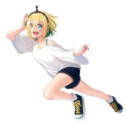 Rule 34 | 1girl, acrylicstroke, adjusting hair, amano pikamee, artist name, black footwear, black hairband, black shorts, blonde hair, commentary, english commentary, full body, green eyes, green hair, green nails, hairband, hand up, highres, looking at viewer, making-of available, multicolored hair, off-shoulder shirt, off shoulder, sharp teeth, shirt, shoes, short sleeves, shorts, signature, simple background, sneakers, solo, teeth, two-tone hair, voms, white background, white shirt, wide sleeves