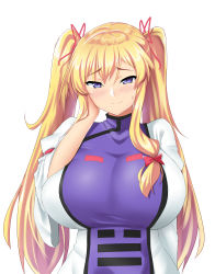 Rule 34 | 1girl, absurdres, alternate hairstyle, arm behind back, blonde hair, blush, bow, breasts, dress, hair between eyes, hair bow, hair ribbon, half-closed eyes, hand on own cheek, hand on own face, head tilt, highres, huge breasts, impossible clothes, impossible dress, long hair, long sleeves, looking at viewer, mokkori9, puffy long sleeves, puffy sleeves, purple eyes, ribbon, shiny clothes, sidelocks, simple background, smile, solo, sweatdrop, tabard, touhou, twintails, very long hair, white background, white dress, yakumo yukari