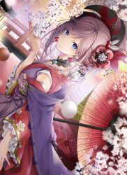 Rule 34 | 1girl, akatsuki hijiri, blue eyes, blue kimono, blush, breasts, detached sleeves, fate/grand order, fate (series), hair ornament, highres, japanese clothes, kimono, large breasts, long hair, looking at viewer, miyamoto musashi (fate), obi, pink hair, ponytail, sash, sleeveless, sleeveless kimono, smile, solo, swept bangs
