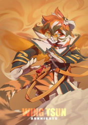 Rule 34 | 1girl, absurdres, animal ears, arknights, body fur, boots, chen zhang, chinese clothes, dress, furry, furry female, glasses, highres, kung fu, medium hair, multicolored hair, orange-tinted eyewear, pelvic curtain, smoke, solo, straps over skirt, tail, thigh boots, thighhighs, tiger ears, tiger tail, tinted eyewear, waai fu (arknights), yellow eyes