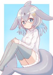 Rule 34 | 1girl, anchor hair ornament, blowhole, blue background, blue hair, blue whale (kemono friends), blush, breasts, cetacean tail, closed mouth, commentary request, commission, feet out of frame, fins, fish tail, glasses, gradient hair, grey hair, grey thighhighs, hair between eyes, hair ornament, highres, japari symbol, kemono friends, knees up, long hair, long sleeves, medium breasts, multicolored hair, pixiv commission, ribbed sweater, sitting, smile, solo, sunanuko (ramuneko), sweater, tail, thighhighs, turtleneck, turtleneck sweater, two-tone background, white background, white sweater