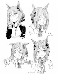 Rule 34 | 1girl, animal ears, artist name, blush, closed mouth, clover hair ornament, collared shirt, dated, ears down, fine motion (umamusume), greyscale, hair bun, hair ornament, hand up, highres, horse ears, jacket, kawashina (momen silicon), looking at viewer, medium hair, monochrome, neck ribbon, o o, open mouth, own hands together, raised eyebrows, ribbon, shirt, single hair bun, smile, solo, speed lines, tearing up, track jacket, umamusume, upper body