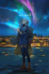 Rule 34 | 1girl, aurora, black neckwear, blue eyes, blue hair, blue jacket, blue thighhighs, character name, cityscape, commentary, emblem, english commentary, full body, gloves, gotland (kancolle), highres, jacket, kantai collection, long hair, long sleeves, looking up, machinery, military, military uniform, mole, mole under eye, name connection, night, night sky, object namesake, real world location, sky, solo, standing, standing on liquid, sweden, thighhighs, uniform, white gloves, ye fan