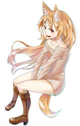Rule 34 | 1girl, :d, animal ear fluff, animal ears, bare shoulders, between legs, blonde hair, brown footwear, colored eyelashes, commentary request, fox ears, fox tail, hand between legs, highres, invisible chair, jaco, long hair, long sleeves, looking at viewer, official art, open mouth, original, red eyes, ribbed sweater, shoes, sitting, slit pupils, smile, solo, sweater, tail