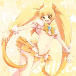 Rule 34 | 10s, 1girl, blonde hair, bow, breasts, brooch, cure sunshine, hair ribbon, heart, heart brooch, heartcatch precure!, kuune rin, long hair, looking at viewer, magical girl, midriff, myoudouin itsuki, navel, open mouth, orange bow, outstretched arms, precure, ribbon, skirt, small breasts, solo, twintails, underboob, yellow background, yellow bow, yellow eyes