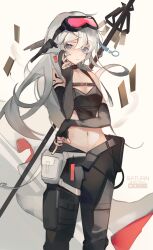Rule 34 | 1girl, absurdres, alternate costume, arknights, artist name, bare shoulders, black gloves, black pants, blue eyes, breasts, cleavage, closed mouth, cmdr saturn, crop top, elbow gloves, feet out of frame, gloves, goggles, goggles on head, grey hair, hand up, highres, long hair, looking at viewer, mulberry (arknights), navel, pants, pouch, small breasts, solo, staff, standing, thigh pouch, thigh strap
