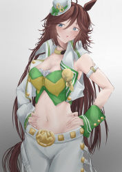 Rule 34 | 1girl, absurdres, ahoge, animal ears, arm strap, bare shoulders, blush, bow, breasts, brown hair, choker, cleavage, commentary, cowboy shot, crop top, green bow, green shirt, grey background, grey eyes, hair between eyes, hands on own hips, hat, hat bow, highres, horse ears, jacket, large breasts, long hair, long sleeves, looking at viewer, midriff, mini hat, mini top hat, mr. c.b. (umamusume), navel, open clothes, open jacket, pants, parted lips, shirt, single sleeve, solo, standing, stomach, strapless, strapless shirt, sudachi-udon, top hat, umamusume, very long hair, white hat, white jacket, white pants, wrist cuffs